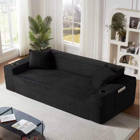 80.7" Boneless Sofa Couches with Cup Holder,3 Seat Couch with Side Pocket, Cloud Couch for Compact Living Rooms, Apartments,Black