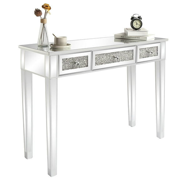 Ktaxon 3-Drawer Mirrored Vanity Makeup Table - Mirrored Console Desk Vanity Furniture Nightstand Glass Bedside Table, Silver