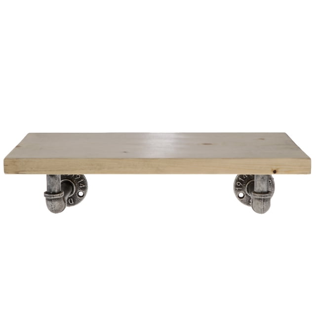 soportes de estante flotante para tubos industriales soportes de tubo en para la decoración para hogar sala de color de madera Vista frontal centrada de un estante rectangular de madera clara (aprox. 40x20 cm) montado sobre dos soportes de tubo de hierro galvanizado envejecido con placas de montaje redondas y codos visibles, estilo rústico industrial para decoración de sala y exhibir objetos pequeños; apto para instalación mural con tornillos.