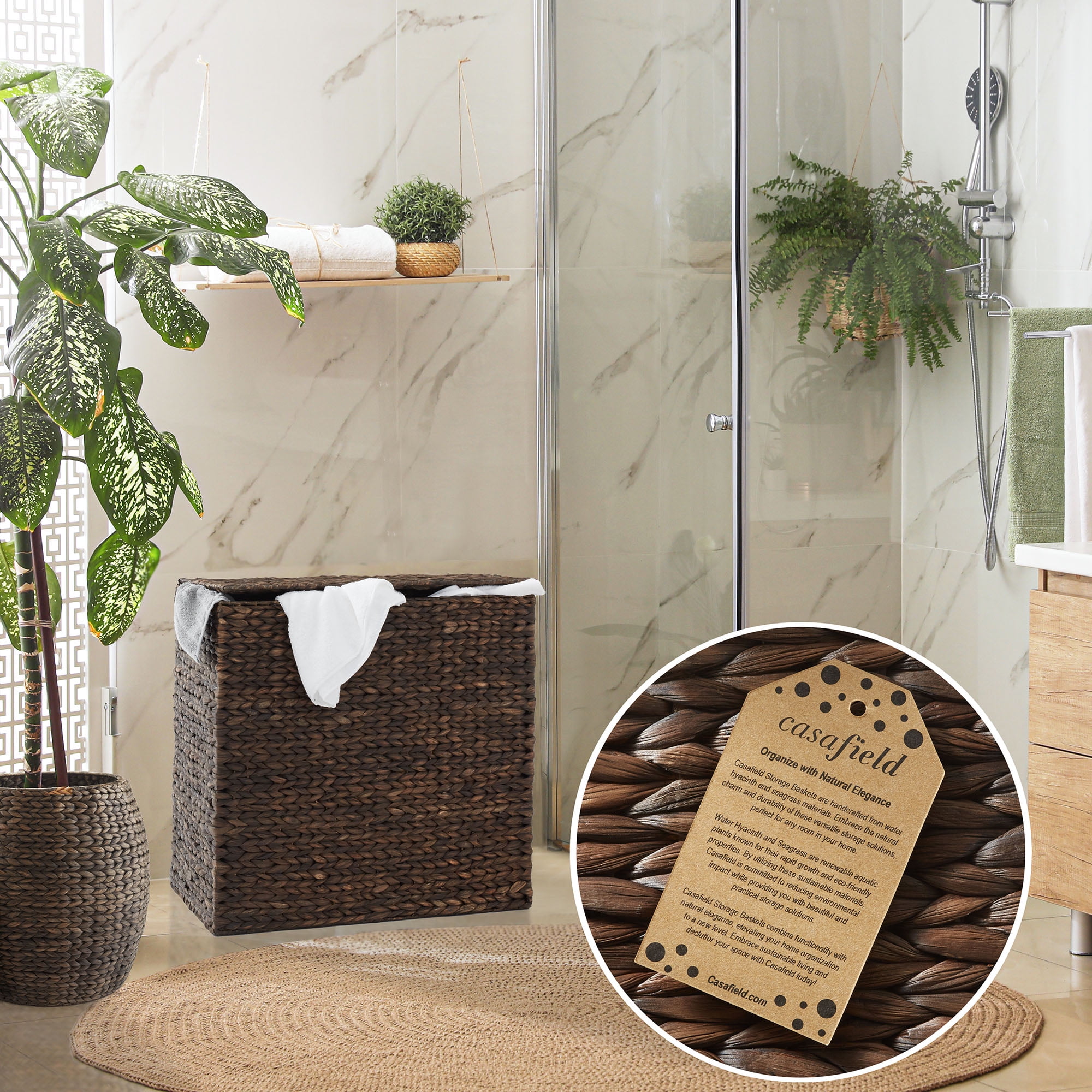 Casafield 2-Section Laundry Hamper with Lid and Removable Liner Bags - Espresso Dark Brown, Woven Water Hyacinth Laundry Basket for Clothes