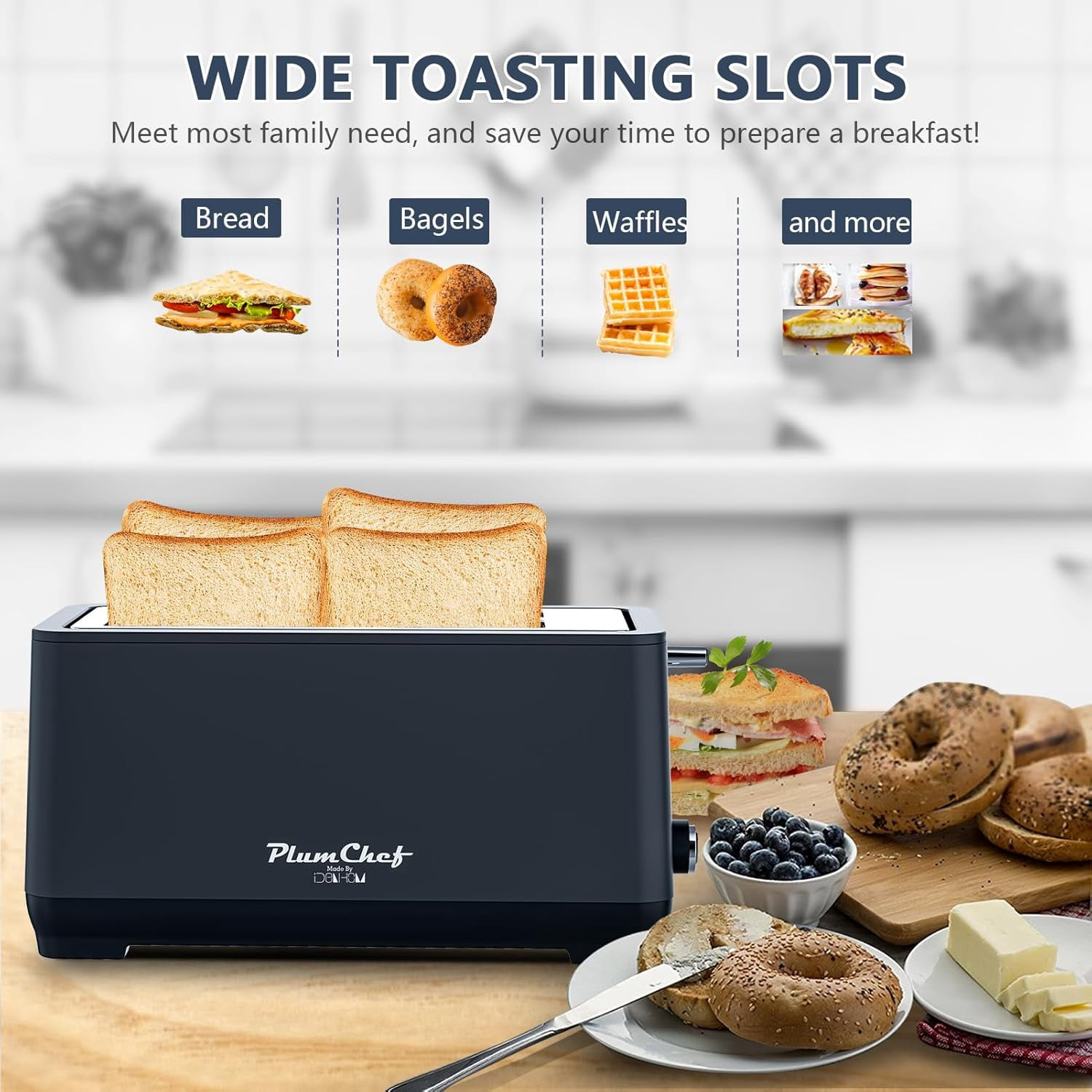 4-Slice Toaster, Extra Wide Long Slot Toaster,  Removable Crumb Tray, 6 Browning Settings, Bagel/Defrost/Reheat Functions,Stainless Steel Housing 1350W, Matte Blue