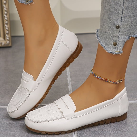 Domuza Women's Moccasin Loafer – Classic Slip-On with Cushioned Insole, Handstitched Details, and Durable Rubber Outsole for All-Day Comfort White 8(EU-40)
