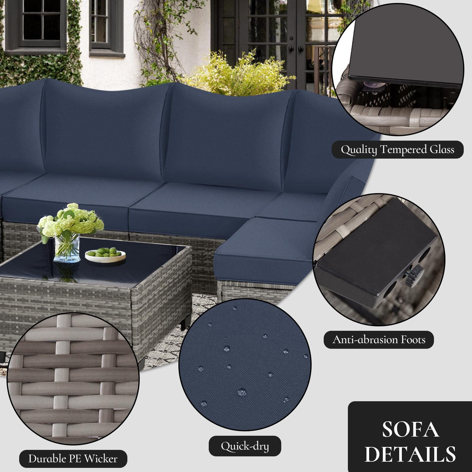 FHFO 7 Pieces Outdoor Patio Furniture Set, Outdoor Sectional Wicker Sofa with Thick Cushions All Weather Modular Rattan Conversation Couch for Outside Porch Garden Backyard Grey-Navy Blue