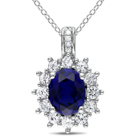 4 Carat T.G.W. Created Blue and White Sapphire and Diamond-Accent Sterling Silver Flower Pendant, 18
