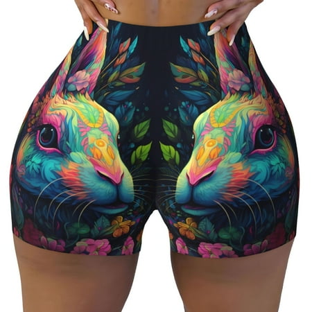 Workout Shorts Women  Colorful Patterned Rabbit Biker Shorts for Women Running Gym Spandex Shorts Tummy Control