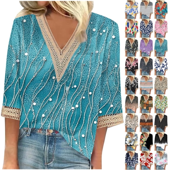 JTZGDY Womens Summer Tops Dressy Casual Lace Crochet Eyelet Trim V Neck 3/4 Sleeve Graphic Shirts Trendy Boho Floral Printed Tunic Blouses Cute Fashion Outfits Gray#01 L