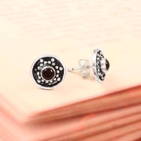 Black Onyx Stud Earrings – 925 Sterling Silver Natural Onyx Round Studs, Minimalist Black Gemstone Earrings for Women