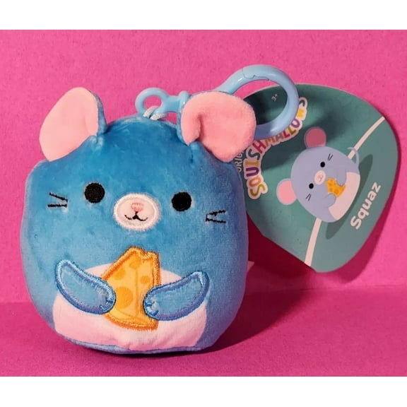 Squishmallows Squaz the Blue Mouse Holding Cheese 3" Clip-On NWT Keychain