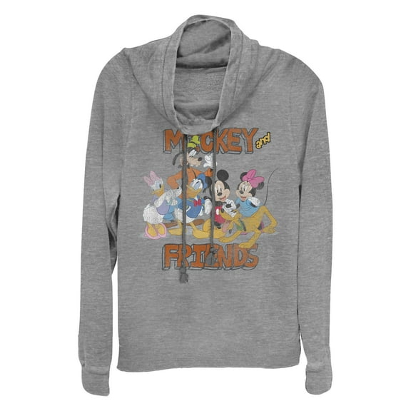 Junior's Mickey & Friends Distressed Group Shot Cowl Neck Sweatshirt