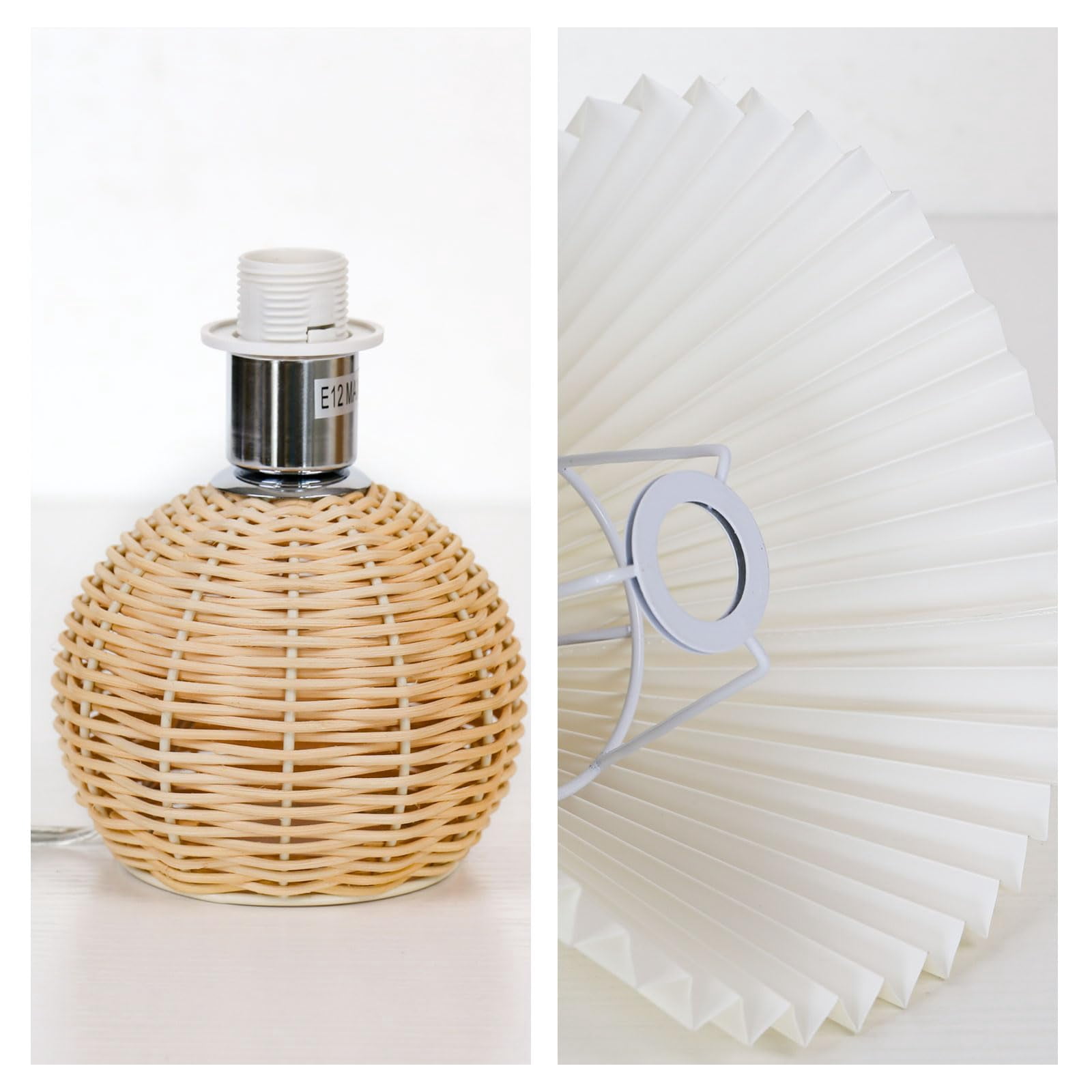 MEHOOM Pleated bamboo Table Lamp, Modern Bedside Nightstand Lamp with Beige Lampshade Rattan Metal Base, Table Lamps for Bedroom, Living Room, Home Office Decor