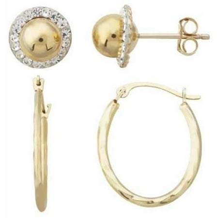 Simply Gold 10kt Yellow Gold Dome Stud With Crystal And 1.5mm Waved Oval Hoop Earrings Set