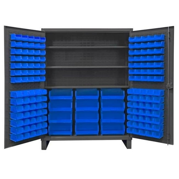 Durham HDC60-156-3S5295 12 Gauge Recessed Door Style Lockable Cabinet with 156 Blue Hook on Bins & 3 Adjustable Shelves, Gray - 60 in.
