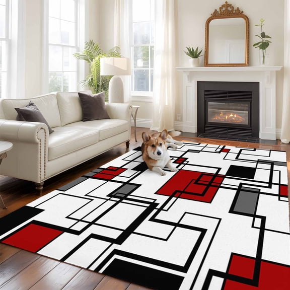 Abstract Lines Art Large Area Rugs 8x10 ft Black Red Geometric Modern Texture Washable Rug Non Slip Indoor Carpet Absorbent Floor Mat for Living Room Bedroom Dining Room