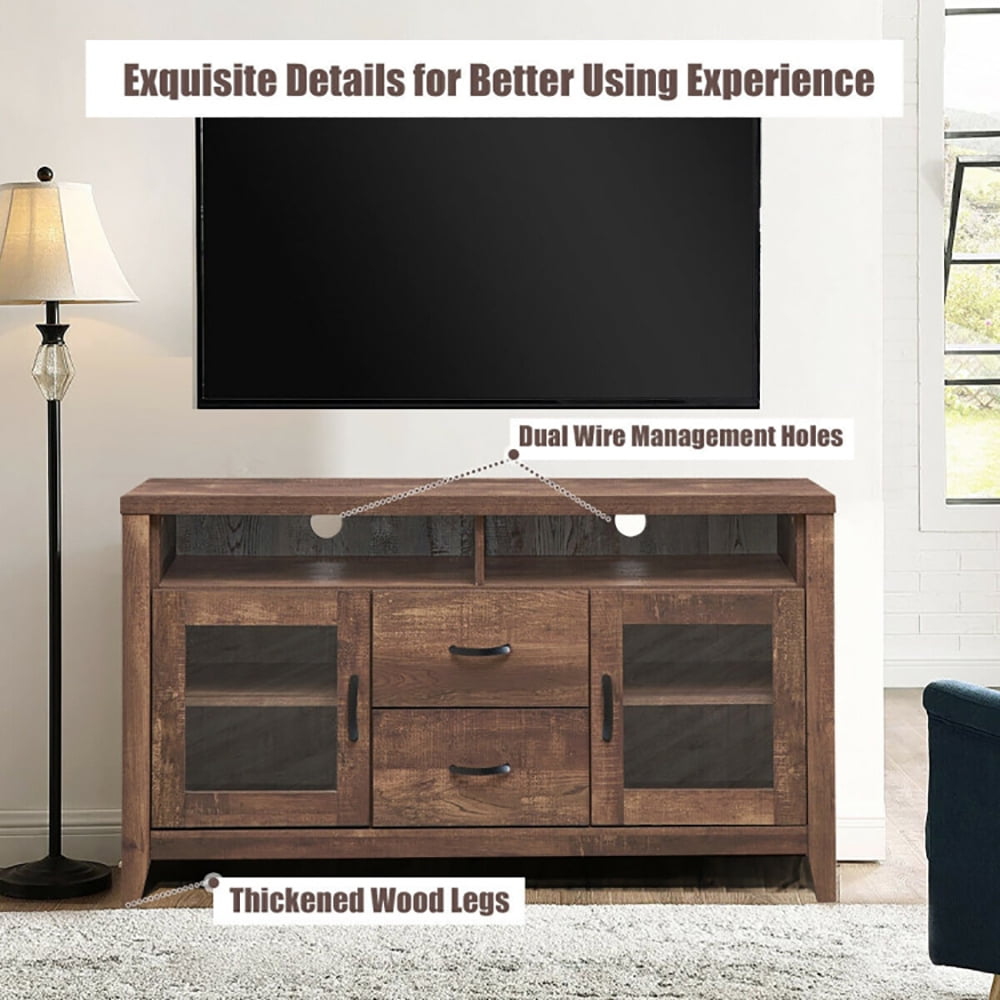 Finihen TV Stand, TV Cabinet, Wooden Retro TV Stand with Drawers and Tempered Glass Doors, Media Entertainment Center with Storage, for Living Room, Bedroom, Brown