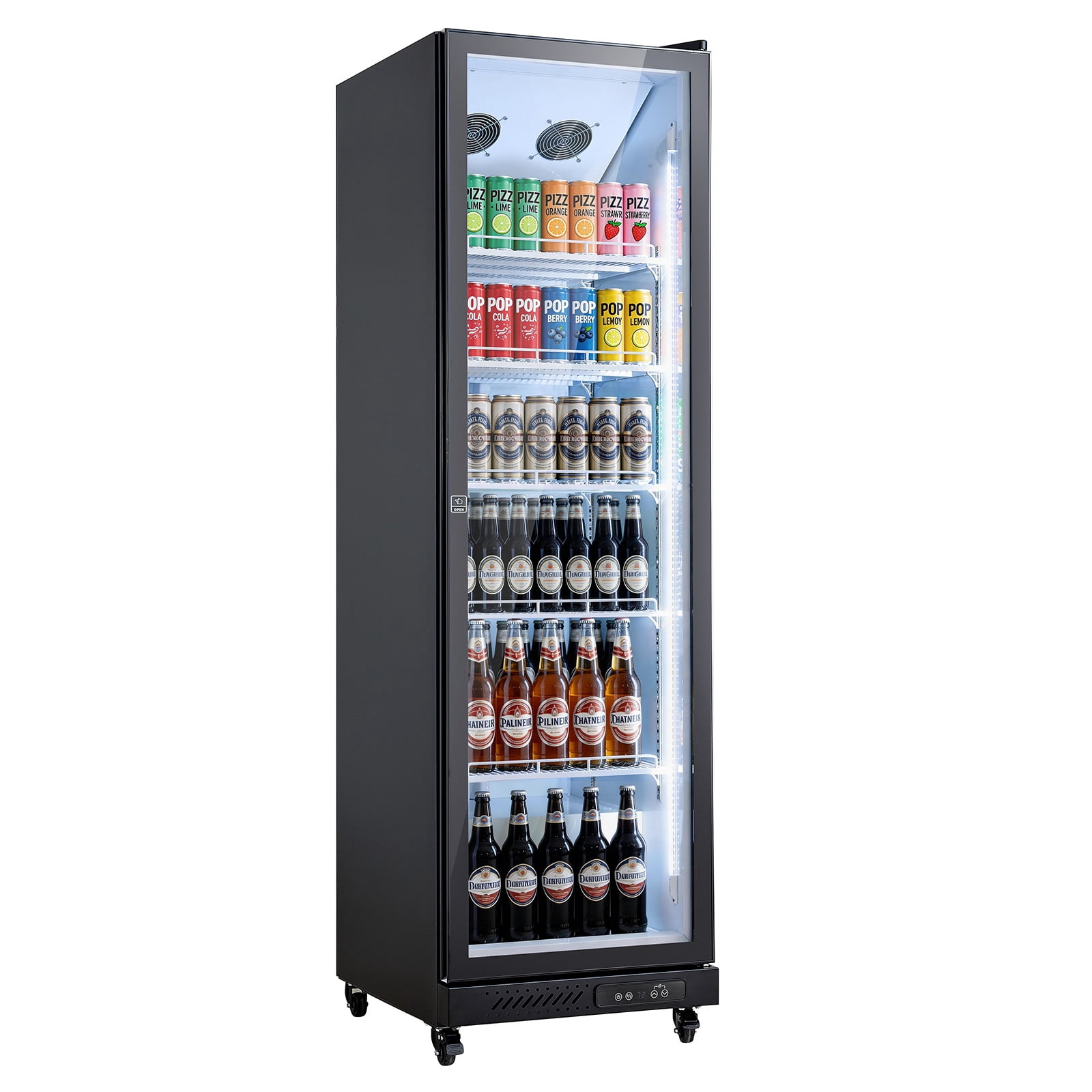 KFFKFF Commercial Merchandiser Refrigerator, 12.4 Cu.Ft / 350 L Upright Beverage Cooler with Glass Door, Adjustable Shelves, LED Lighting, and Casters for Home, Shop, or Bar Use