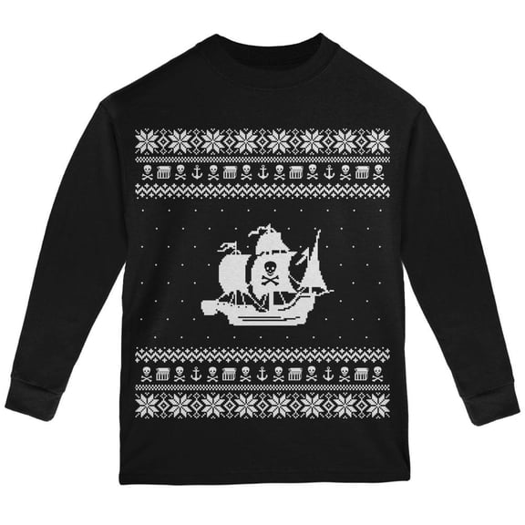 Pirate Ship Ugly XMAS Sweater Black Youth Long Sleeve T-Shirt - Youth X-Large