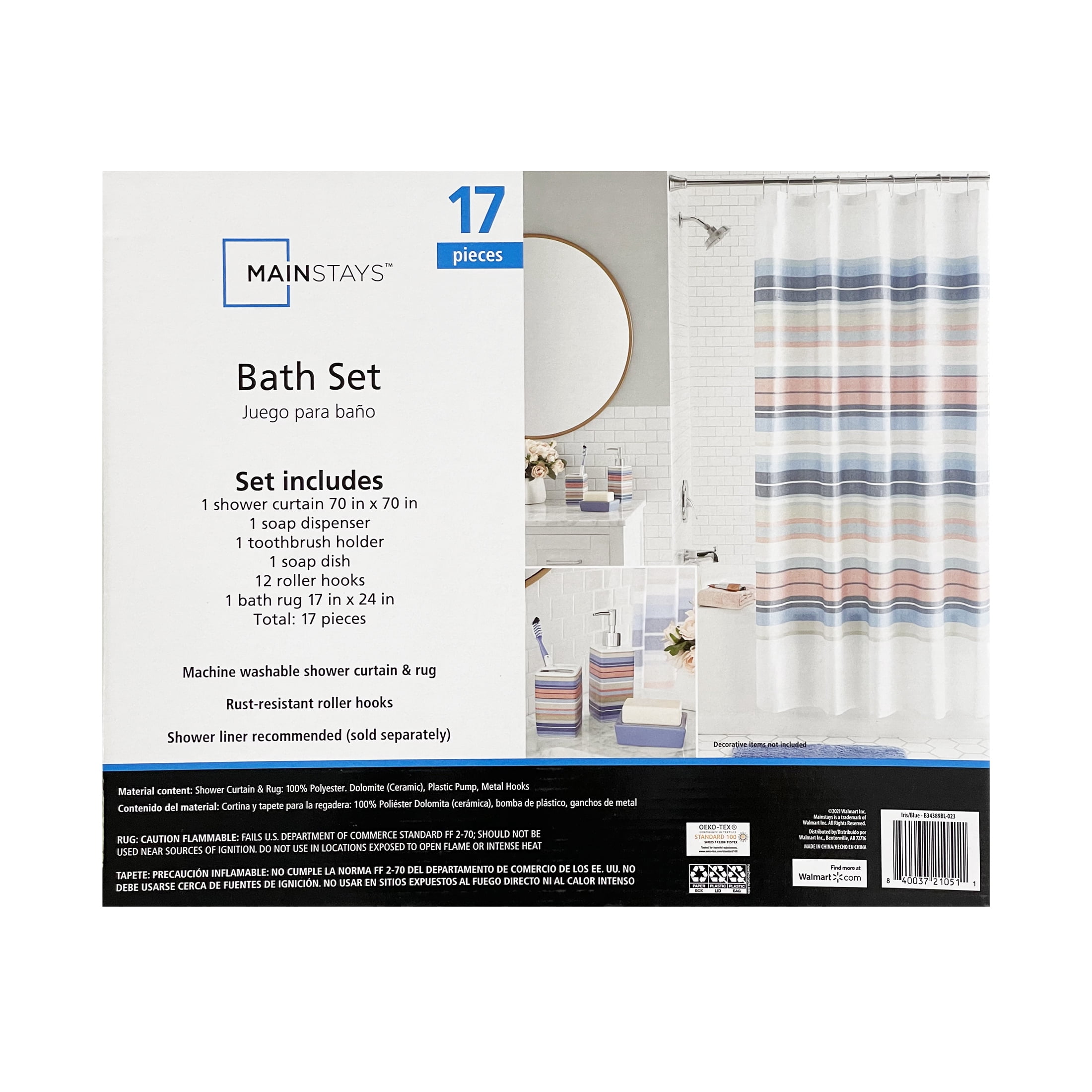 Mainstays 17-Piece Stripe Polyester/Ceramic Shower Curtain & Bathroom Accessory Set, Multi-Color