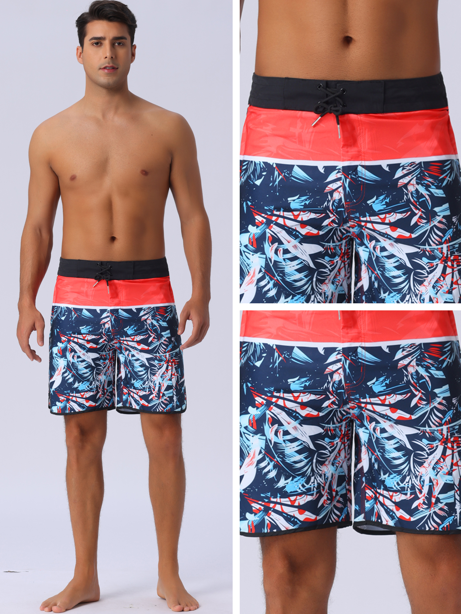 DARING DIVA Men's Elastic Waist Drawstring Hawaiian Print Athletic Swim Trunks 30 Black Red