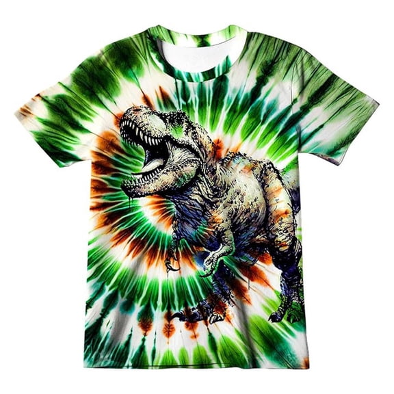 Lullu Boys Tie Dyed Dinosaur T-Shirt Casual Short Sleeve Graphic Tee, Green, Sizes 5-14