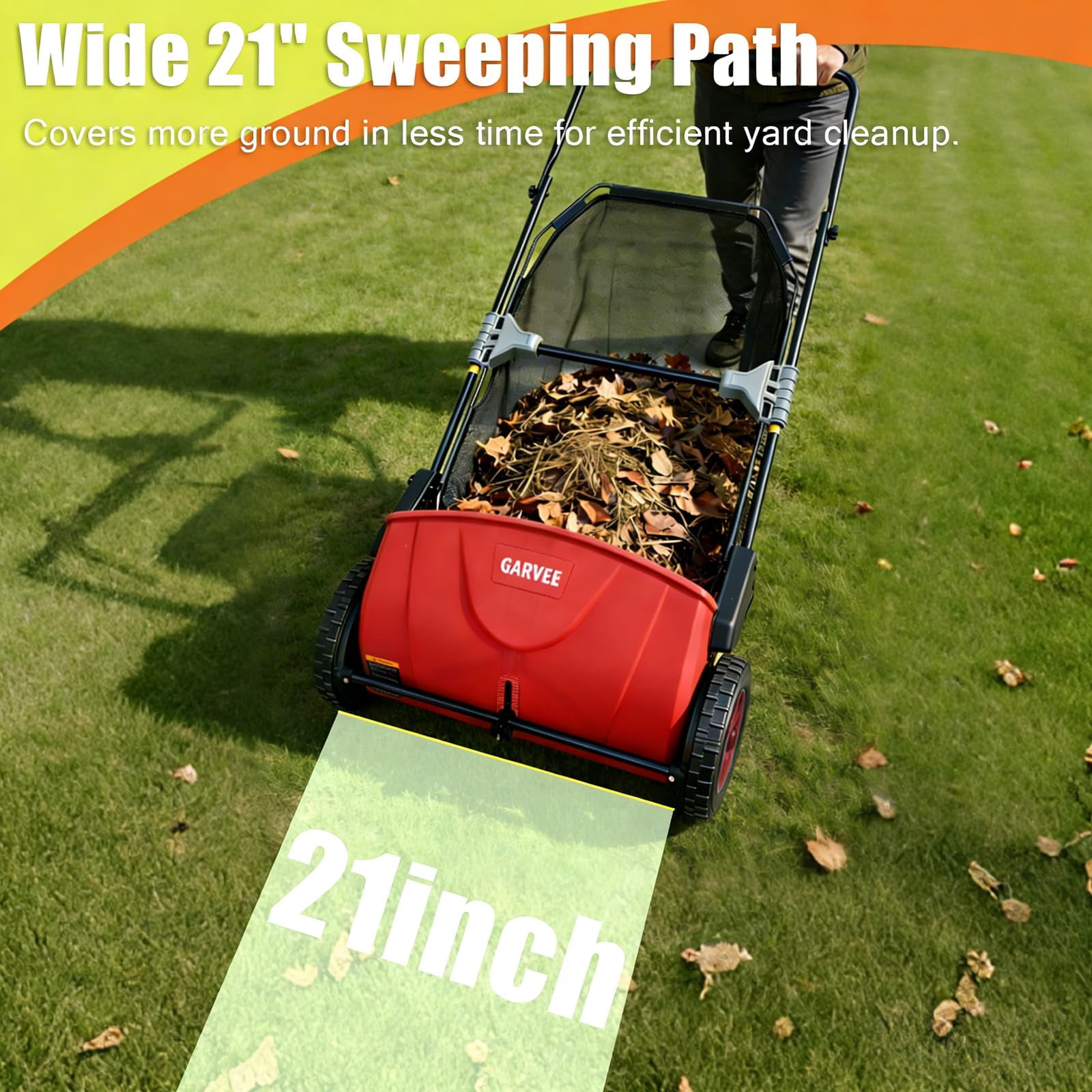 Manual Push Lawn Sweeper, 21-Inch Leaf & Grass Collector – 3.5 Cu. Ft. Collector Bag – Height-Adjustable Brushes – Collapsible for Yard & Driveway Cleanup – Red