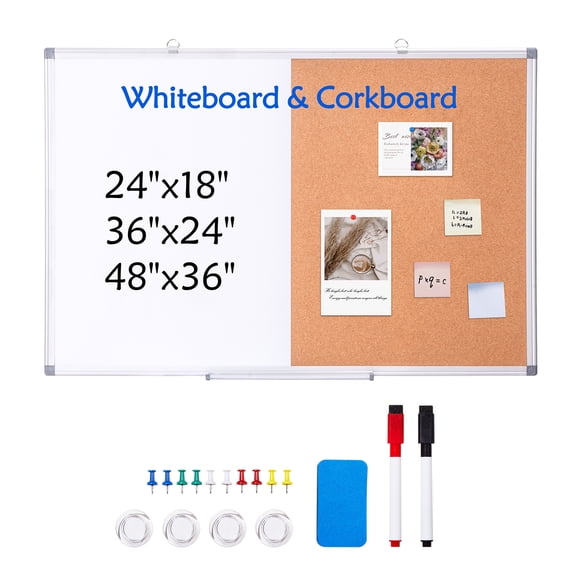KFFKFF 36"x 24" Dual Surface Board with Aluminum Border – Combination of Magnetic Wipe Clean and Cork Bulletin Board for Wall Installation – Perfect for Educational Institutions, Residences