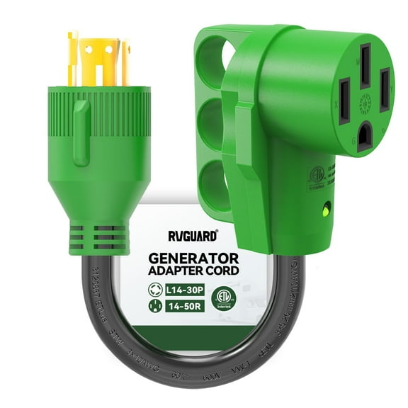 RVGUARD 4 Prong 30 Amp to 50 Amp RV Generator Adapter Cord 12 Inch STW, L14-30P Locking Male Plug to 14-50R Female with LED Power Indicator, Green