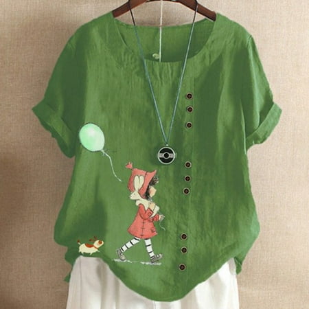 

Fatuov Womens Tops Short sleeve Summer Women Fashion Casual Button Print Round Neck Short Sleeve Blouse Corset Tops for Women Green M