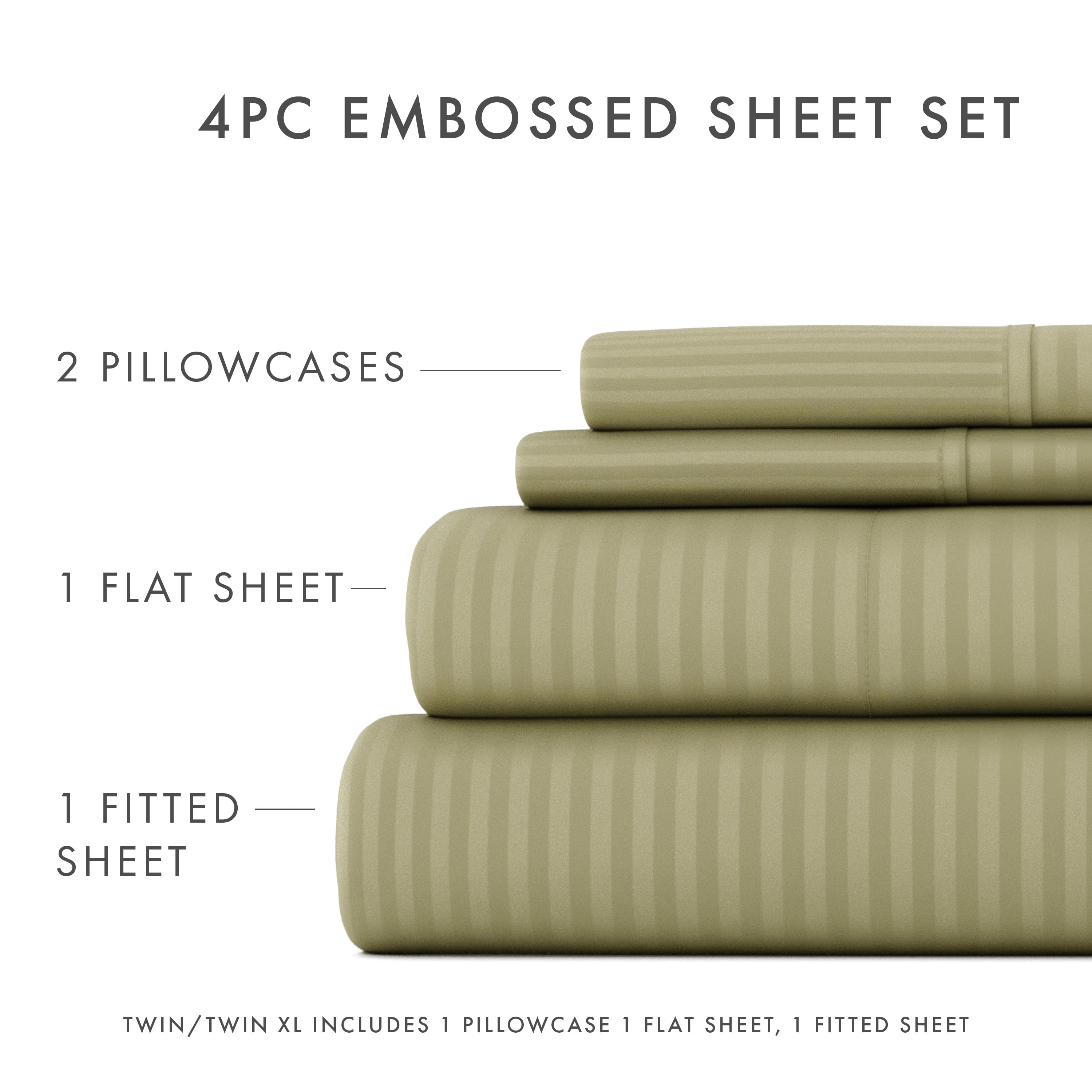 Noble Linens 4 Piece Sage Striped Embossed Bed Sheet Set, Twin