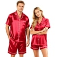 thumbnail image 2 of Garbnen Silk Matching Pajama Sets for Couples 2 Piece Short Sleeve Button Down Sleepwear Pjs Shorts Set Satin Loungewear for Women 2 Piece Set Red XL, 2 of 8
