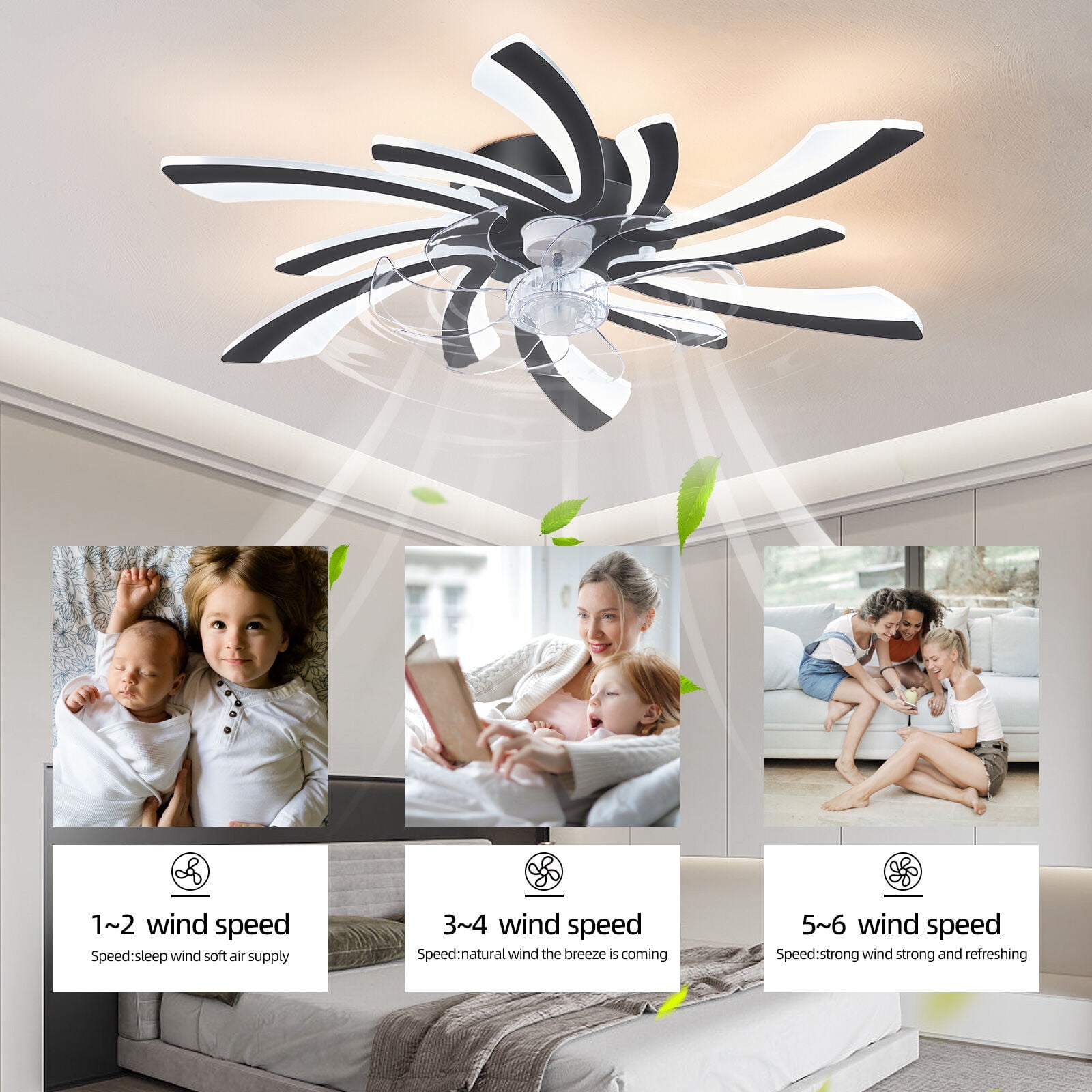 30.7" Black Ceiling Fan with Light, Remote Control 3-Color Temperature & 6-Speed Flush Mount Fan (30.7"L x 30.7"W x 5.9"H)