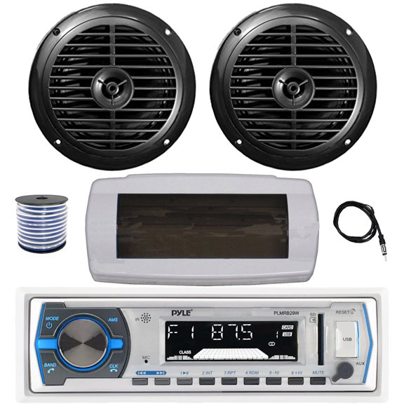 Pyle PLMRB29W Single DIN Bluetooth Marine MP3 AM/FM Stereo Receiver with White Cover, 22" Radio Antenna, Wire, 2x 6.5" 120 Watt Peak Full Range Dual Cone Waterproof Stereo Speakers (Black)