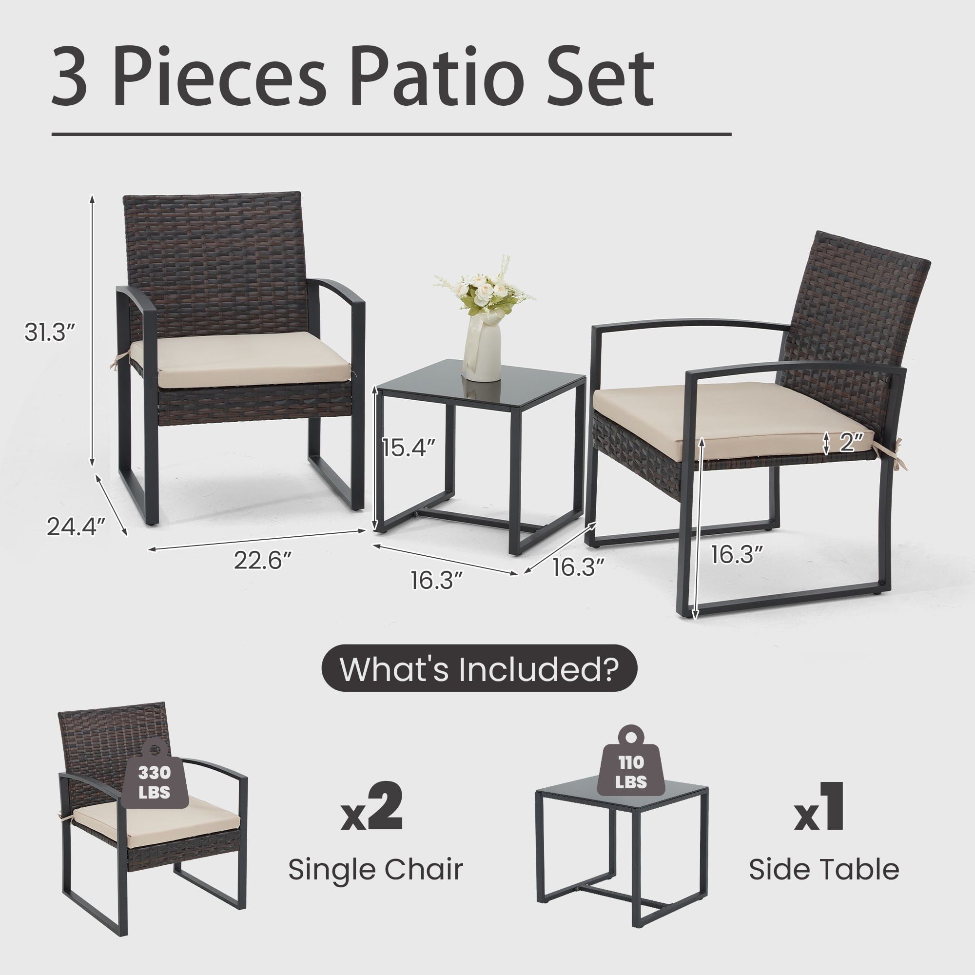 Bezseller 3-Piece Patio Bistro Set, Outdoor Rattan Furniture Patio Chairs with Coffee Table Conversation Set, Brown