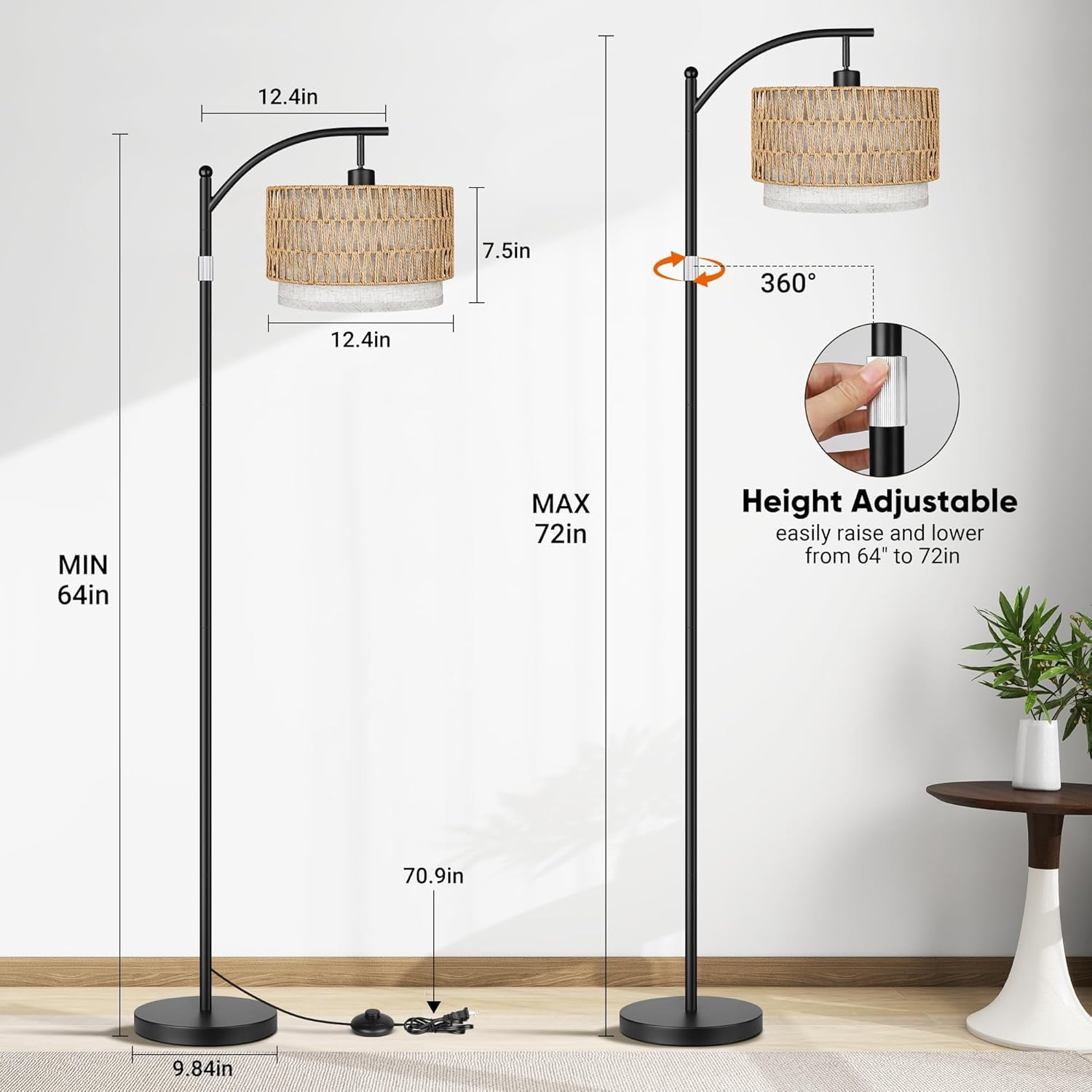 Boho Standing Lamps with Rattan& Linen Double Shades, Arc Lamps Floor Standing with 9W Bulb, Foot Switch, Rattan Floor Lamps for Living Room, Bedroom, Office-Drum