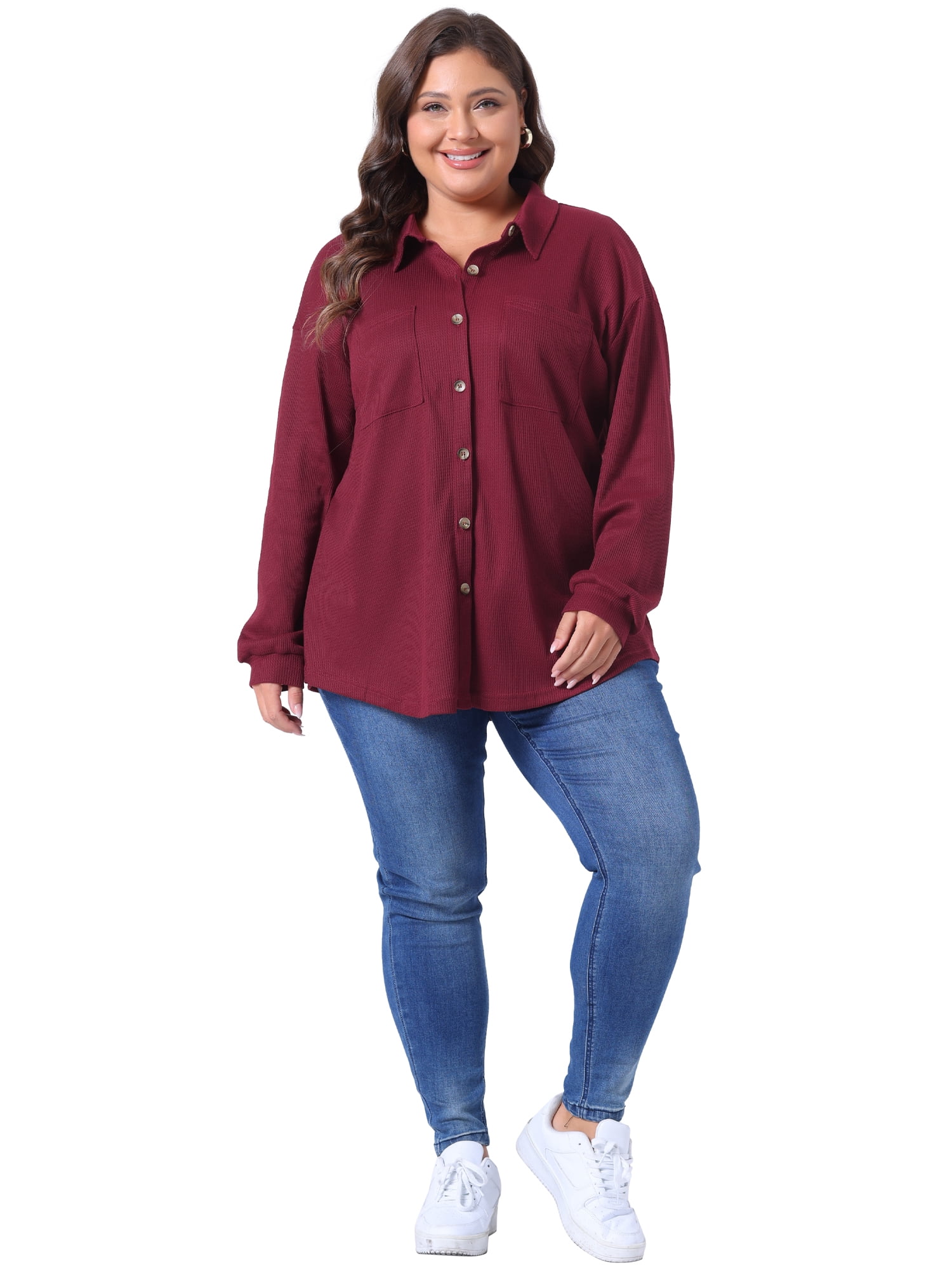 DARING DIVA Plus Size Waffle Knit Shirt Long Sleeve Button Down Jacket 4X Burgundy