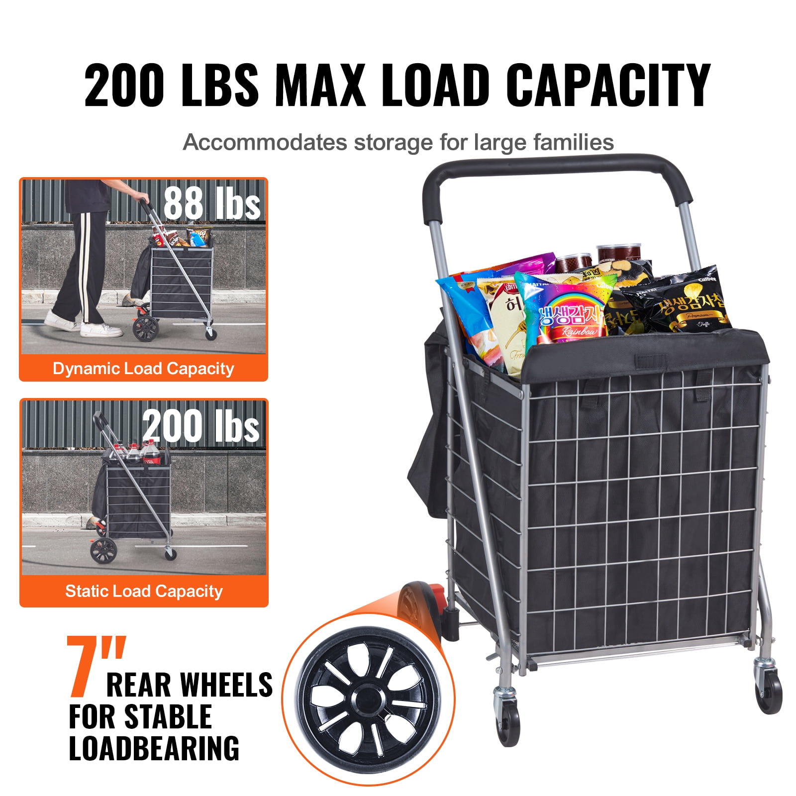 KFFKFF Folding Shopping Cart Utility Grocery Basket Cart Shopping Wheels 200 lbs