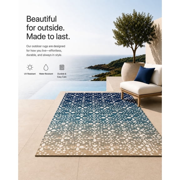 Setej Outdoor Rug - Waterproof, Fade Resistant, Crease Free - Premium Recycled Plastic - Porch, Deck, Balcony, Patio - Sapphire Shore- Blue and Sand - 4 x 6 ft