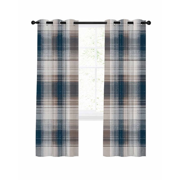Blue Brown Plaid Blackout Curtains, Light Blocking Print Window Curtains, Modern Abstract Striped Gingham Checked Thermal Insulated Window Drapes for Living Room 2 Panels, 55"W x 39"L