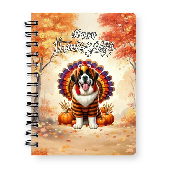 Happy Thanksgiving Saint Bernard Turkey Costume Pumpkins Autumn Leaves Spiral Bound Journal St Dog Lover 5x7in Spiral Notebook - 13014