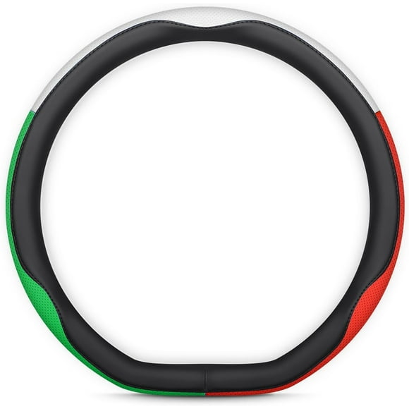 TRAHOO-Car Steering Wheel Cover - Three-Color Patchwork Design, Leather, 14.5-15 Inch - Perfect for Long Drives, Daily Commutes, Sedan, SUV, and Truck Drivers (D Shape-Green-White-Red)