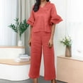 thumbnail image 2 of qolati Women Linen Two Piece Sets Cotton Linen Ruffled Bell Sleeves Shirts and Wide Leg Capris Pants Suit Summer Casual Loose 2 Piece Beach Outfits, 2 of 6