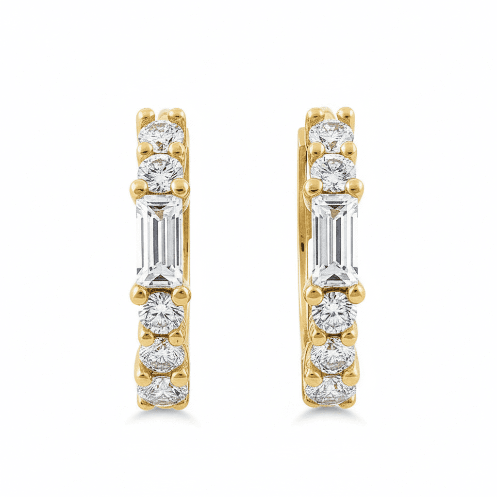 Vinali 14K Yellow Gold CZ Huggie Hoop Earrings, Round and Baguette Cut