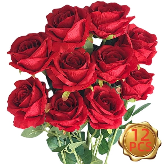 Artificial Silk Red Roses Bouquet, Long Stem Flowers for Home, Wedding, and Party Decorations, 12 Pcs