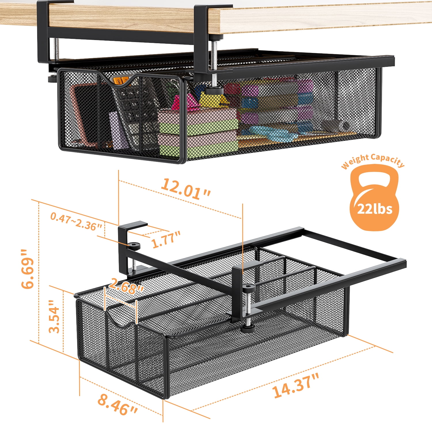 Mintazer Under Desk Drawer Clamp-On Mesh Metal Under Table Storage Organizer Slide Out Caddy with 3 Compartments for Home & Office Essentials, Black
