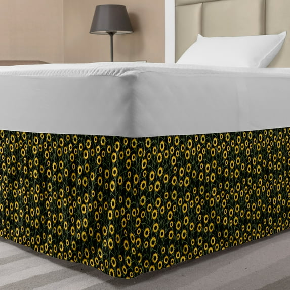 Summer Bed Skirt, Flowering Sunflowers Garden Autumn Season Flourish Petals Harvest Theme, Elastic Bedskirt Dust Ruffle Wrap Around for Bedding Decor, 4 Sizes, Earth Yellow and Black, by Ambesonne