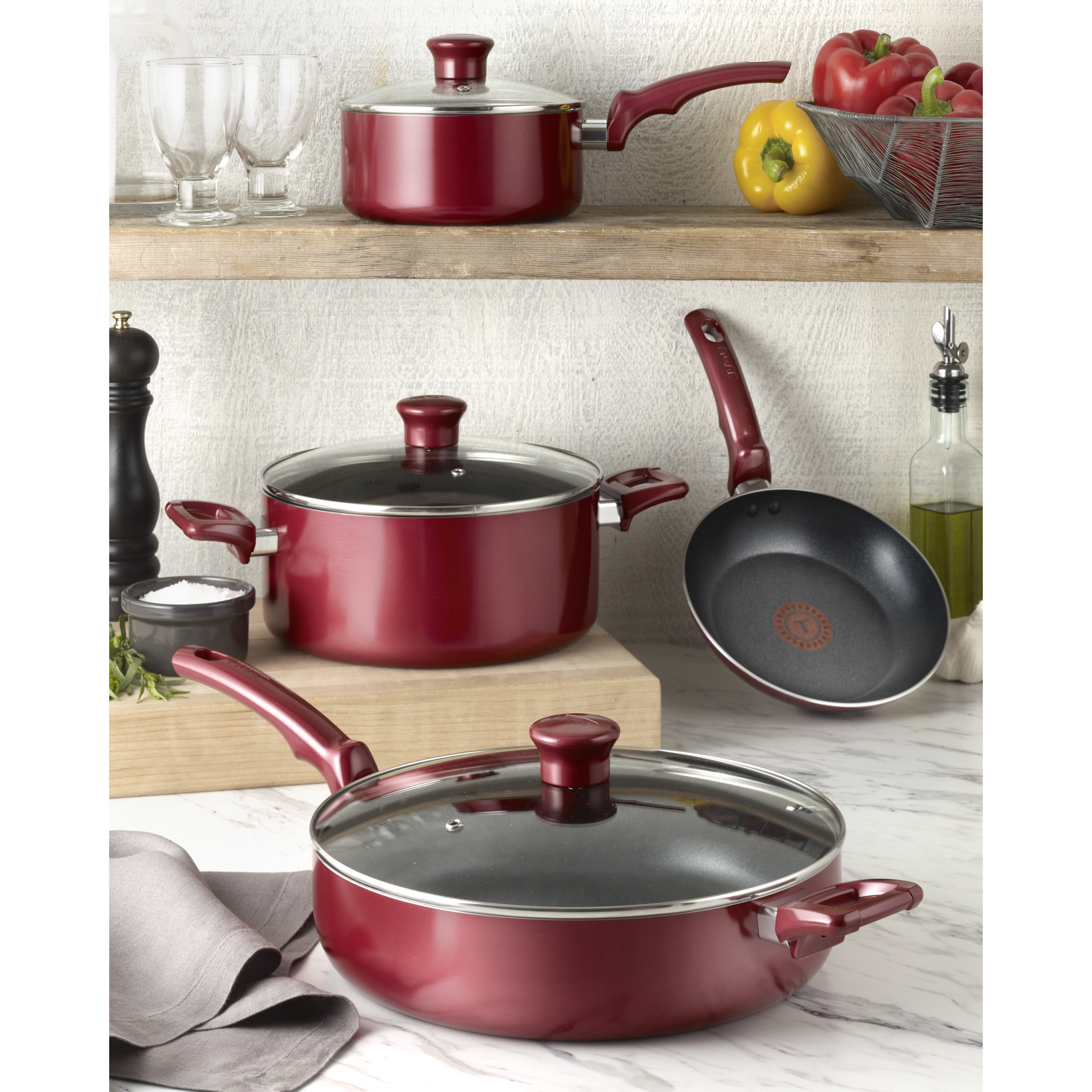 T-FAL T-fal Ingenio The Genius Cooking System, Platinum Non-Stick, 14 Pc  Cookware Set, Cherry Red L818SE74