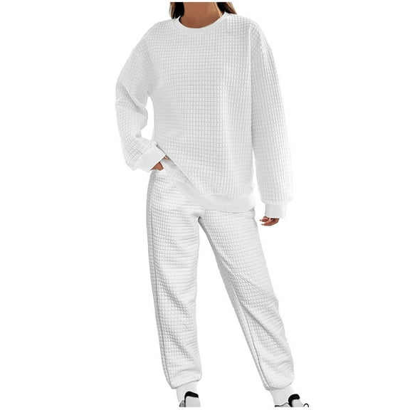 Scyoekwg Women 2 Piece Outfits Sweatsuit Long Sleeve Sweatshirt Jogger Sweatpant Matching Outfits Two Piece Set Fashion Casual Sweatsuit Tracksuit (White,L)