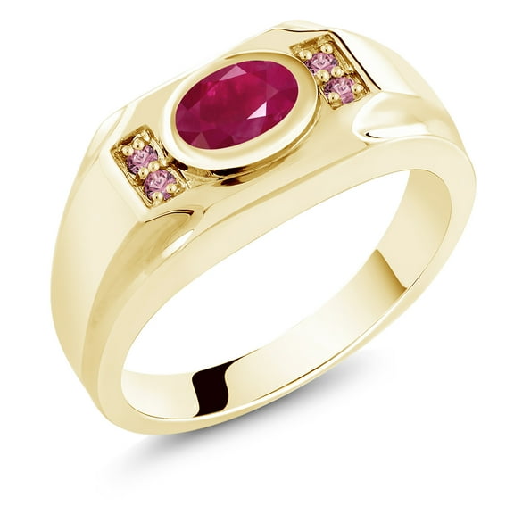Gem Stone King Men's 18K Yellow Gold Plated Silver Red Ruby and Pink Lab Grown Diamond Ring (1.75 Cttw, Gemstone July Birthstone, Oval 8X6MM,, Size 7)