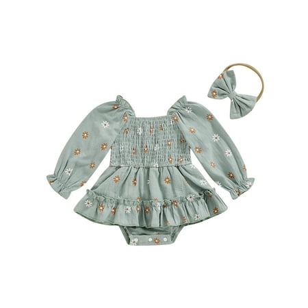 

Niceyoeuk Baby Girls Rompers Daisy Print Long Sleeve Jumpsuits with Headband