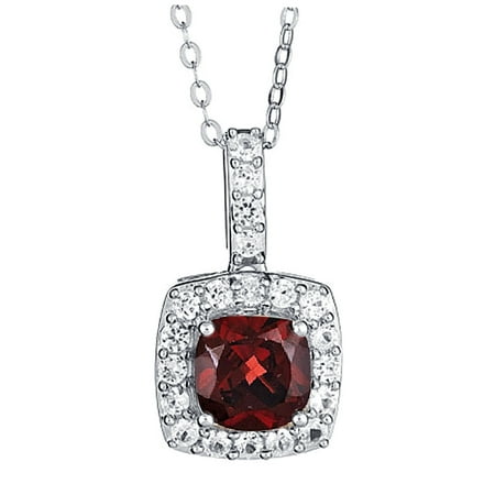 - Genuine 1.00 Carat 7mm Created Cushion Shaped Garnet with White Sapphire Necklace In 925 Sterling Silver.