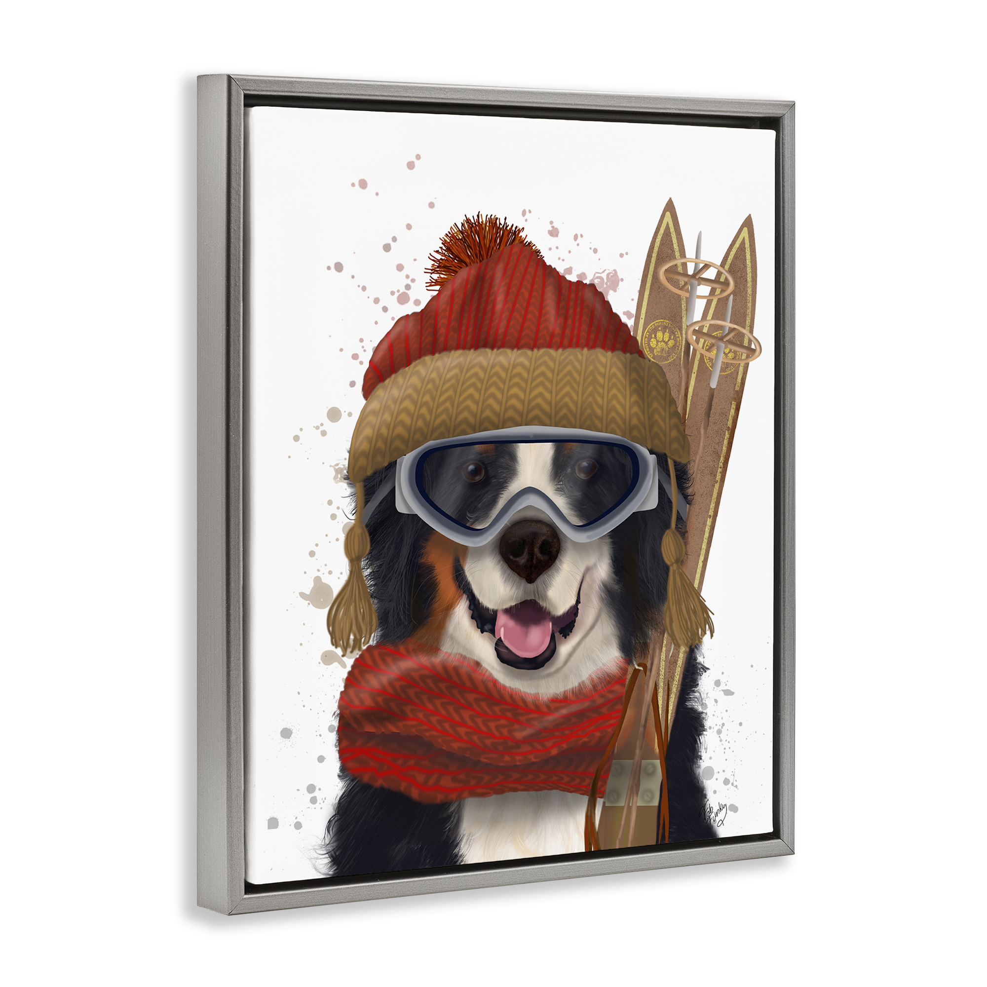 Stupell Industries Happy Skiing Dog Animals & Insects Painting Gray Floater Framed Canvas Art Prints Wall Art, 17 x 21